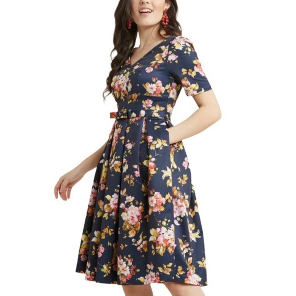 Elegant Instance Fit and Flare ModCloth floral navy dress